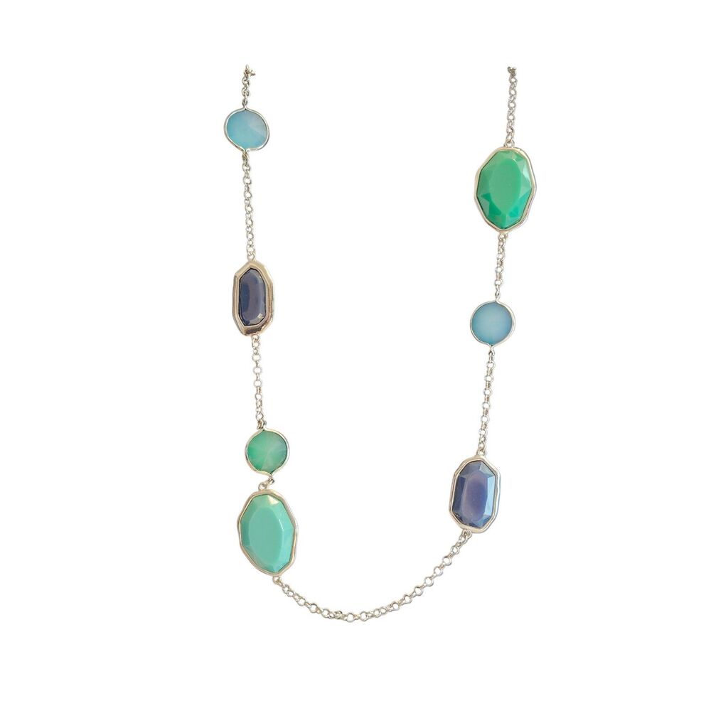 Premier Designs Silver Toned Blue and Green Beads Long Station Necklace 39 1/2"